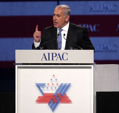 Prime Minister Benjamin Netanyahu speaks at the AIPAC meeting in Washington on Monday. (Associated Press)