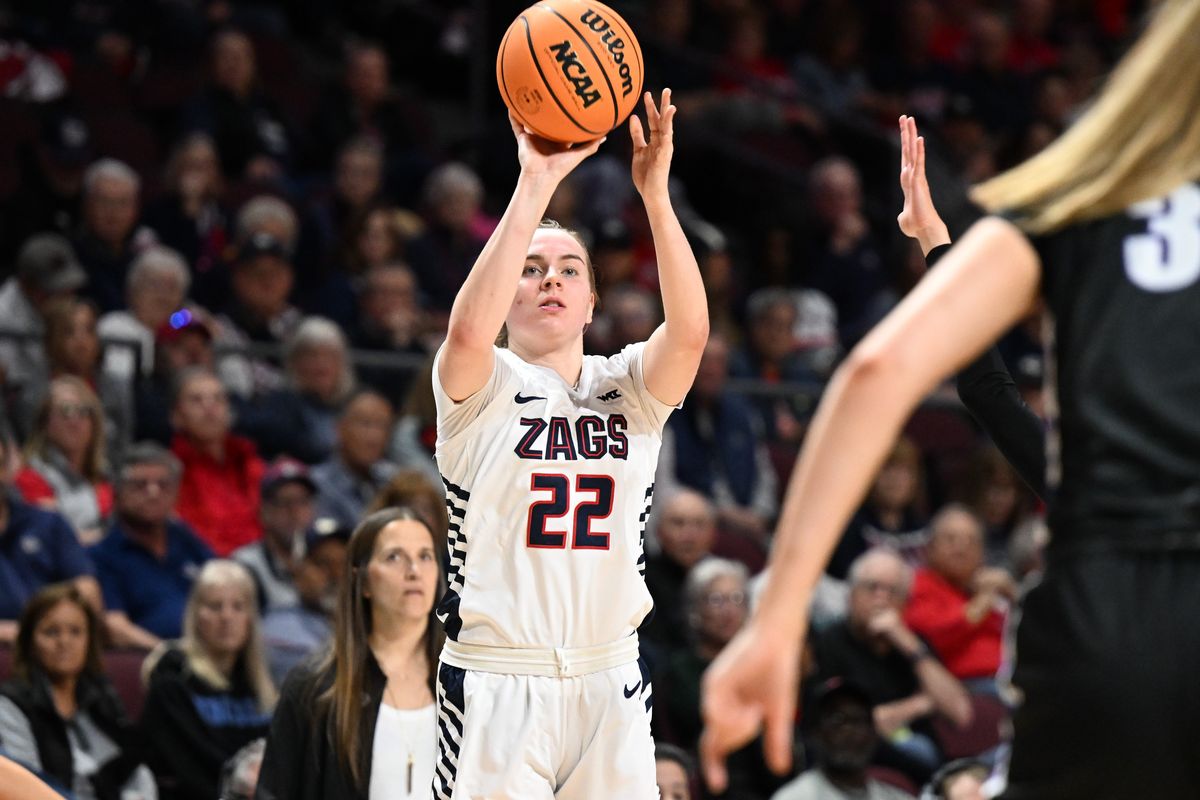 Gonzaga’s Brynna Maxwell connects on an outside shot against Portland during the second half of the WCC Tournament championship basketball game at Orleans Arena in Las Vegas.  (By Colin Mulvany/The Spokesman-Review)