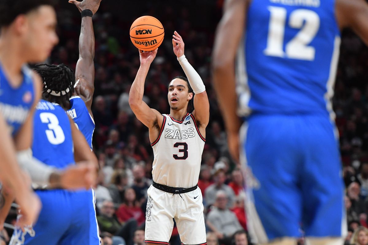 Gonzaga forward Drew Timme celebrates during the second half Saturday against the Memphis Tigers in the NCAA Tournament round of 32 in Portland.  (Tyler Tjomsland/The Spokesman-Review)