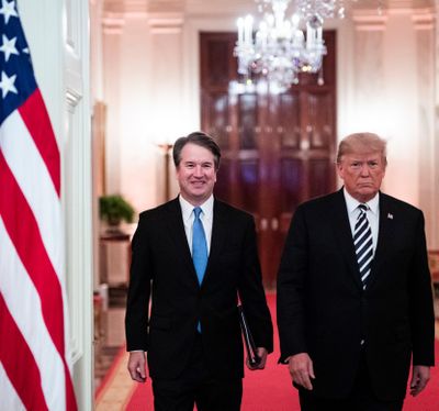 President Donald Trump and Brett M. Kavanaugh arrive for Kavanaugh's Supreme Court swearing-in ceremony at the White House in 2018. MUST CREDIT: Jabin Botsford/The Washington Post 