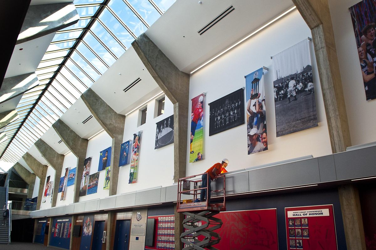 Photographs of Gonzaga athletes hang in the entryway of Volkar Center at Gonzaga University on Wednesday, April 11, 2018. (Kathy Plonka / The Spokesman-Review)