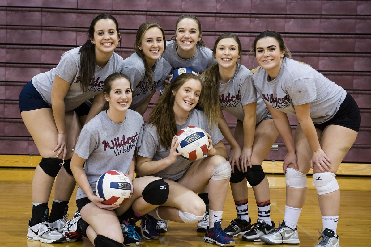 Mt. Spokane volleyball seniors, In back, left to right, Mya Voeller, Kelly Brown, Bailey Ricard, Megan Landaker, Laurel Furulie. In front, left to right. Kaitlyn Streltzoff and Adrienne Dotson. The Wildcats are preparing for the state tournament this weekend in the Tri-Cities. (Colin Mulvany / The Spokesman-Review)