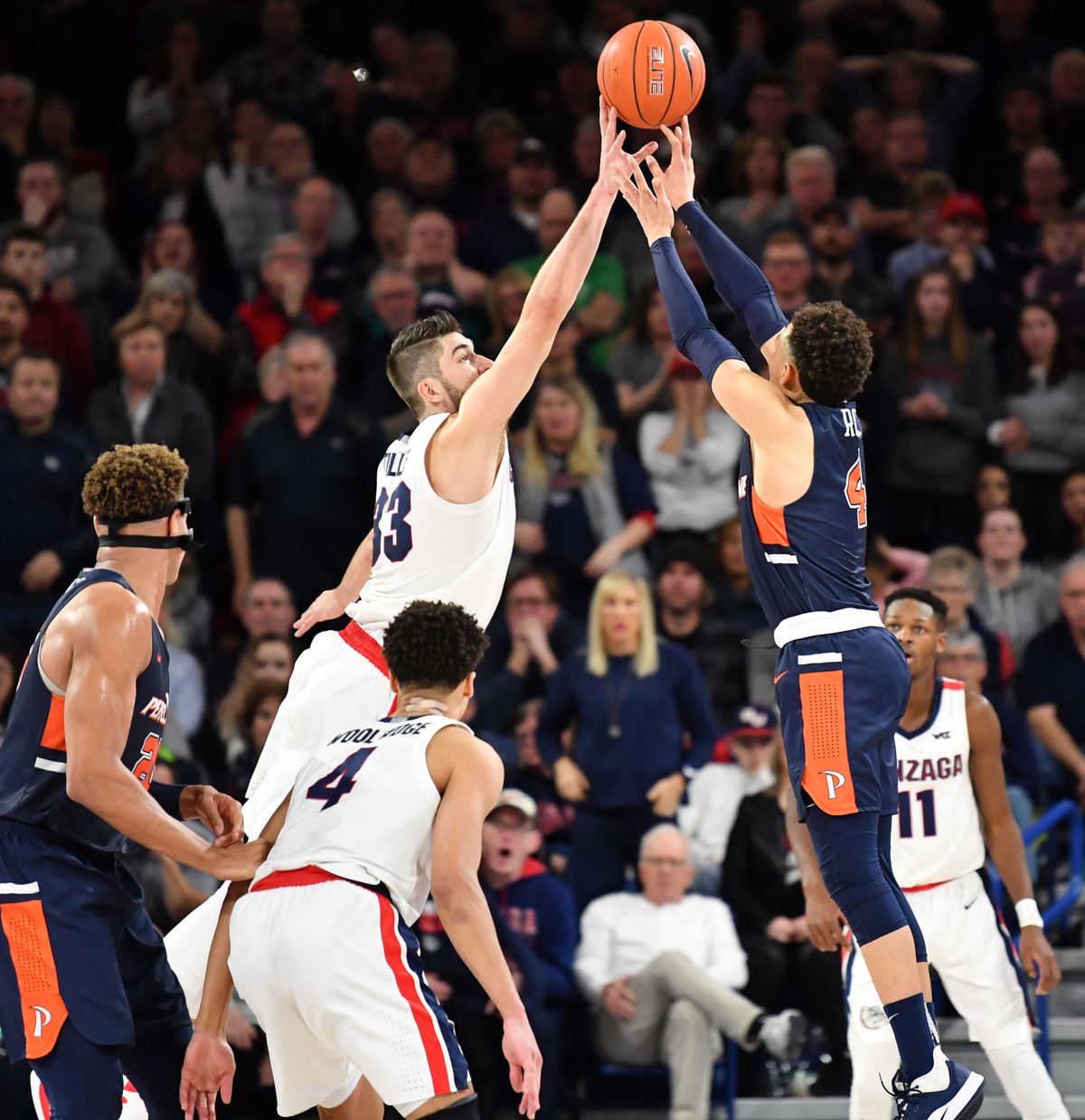 Gonzaga’s Killian Tillie blocks Pepperdine guard Colbey Ross’ potential game-tying shot late in the second half of the Zags’ 75-70 home win in January 2020.  (Tyler Tjomsland/The Spokesman-Review)