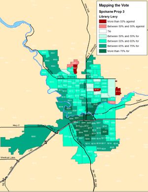 This map shows the precinct breakdowns for Spokane Proposition 3, the Library Levy, in the election night totals. (Jim Camden)