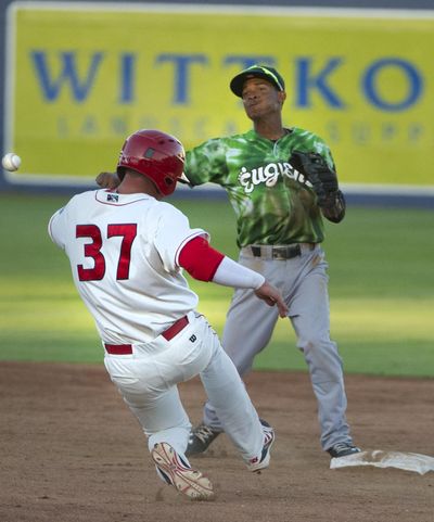 Spokane’s Preston Scott is forced out at second by Eugene shortstop Yeiler Peguero. (Tyler Tjomsland / The Spokesman-Review)