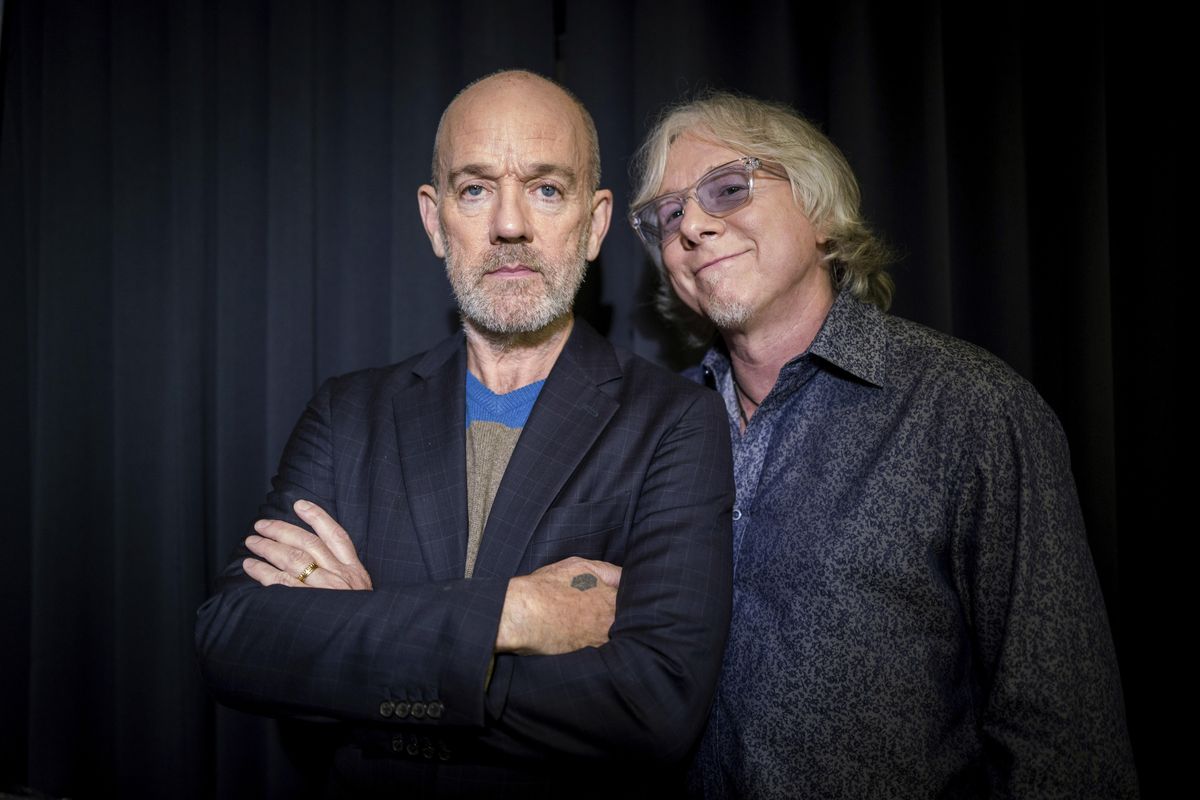 This Oct. 28, 2019 photo shows Michael Stipe and Mike Mills, from R.E.M. posing for a portrait in New York. The Neptunes, the innovative production-songwriting duo of Pharrell Williams and Chad Hugo, are nominated for the prestigious Songwriters Hall of Fame 2020 class. Joining them as nominees are Outkast, R.E.M., Mariah Carey, Patti Smith, Journey, Vince Gill, Gloria Estefan, the Isley Brothers, the Eurythmics, Mike Love, David Gates and Steve Miller. (Matt Licari / Invision/Associated Press)