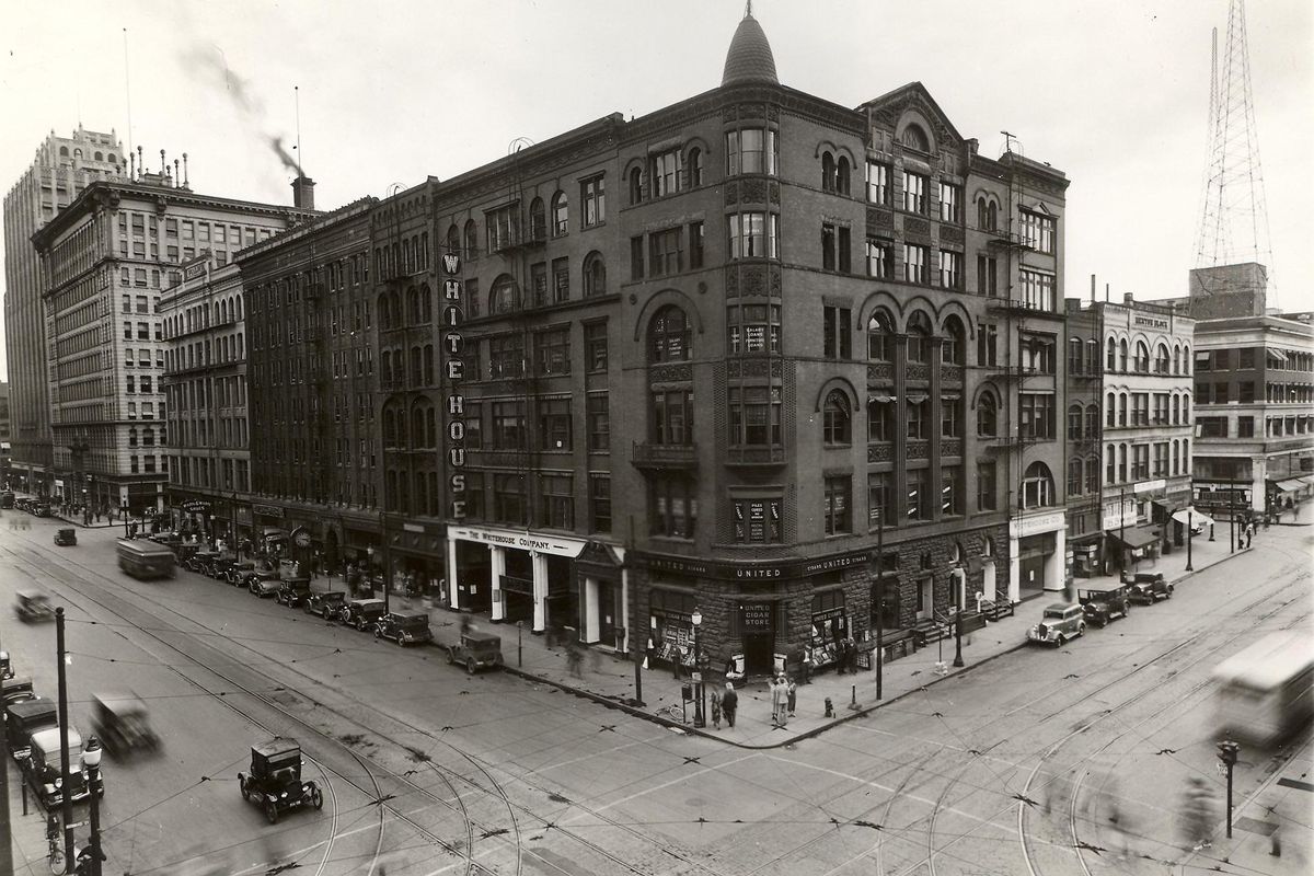 The four buildings making up the Rookery block were built following the Spokane Fire of Aug. 4, 1889 and opened in 1890. The buildings, located on the southeast corner of Riverside and Howard, are shown here in the 1920s. The United Cigar Store was located at the corner of the building. The buildings were razed in 1933 and the current Rookery Building was erected in 1934. (The Spokesman-Review photo archive / SR)