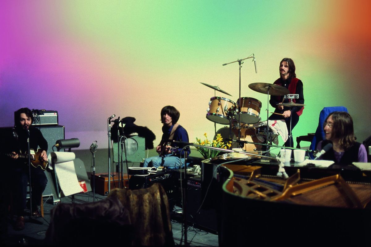Paul McCartney, George Harrison, Ringo Starr and John Lennon in “The Beatles: Get Back.”  (Linda McCartney/Apple Corps Ltd.)