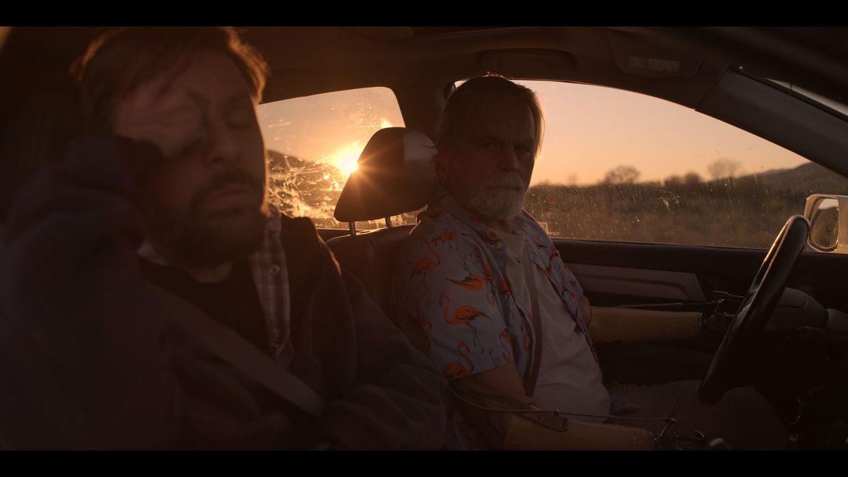 Actors Tobias Forrest, foreground, and John W. Lawson in “Daruma.” Road trip scenes were filmed in and around Spokane.  (Courtesy of Alexander Yellen)