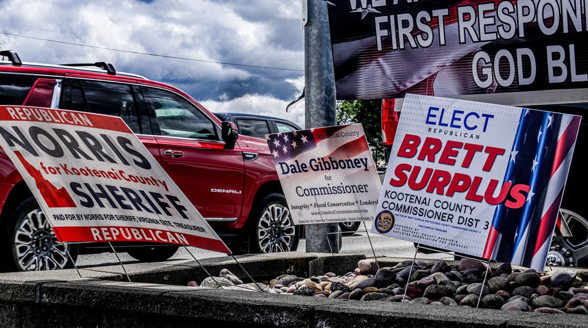 Several Kootenai County Republican precinct committee campaign signs are shown on display Tuesday on Government Way in Coeur d’Alene.  (Kathy Plonka/The Spokesman-Review)