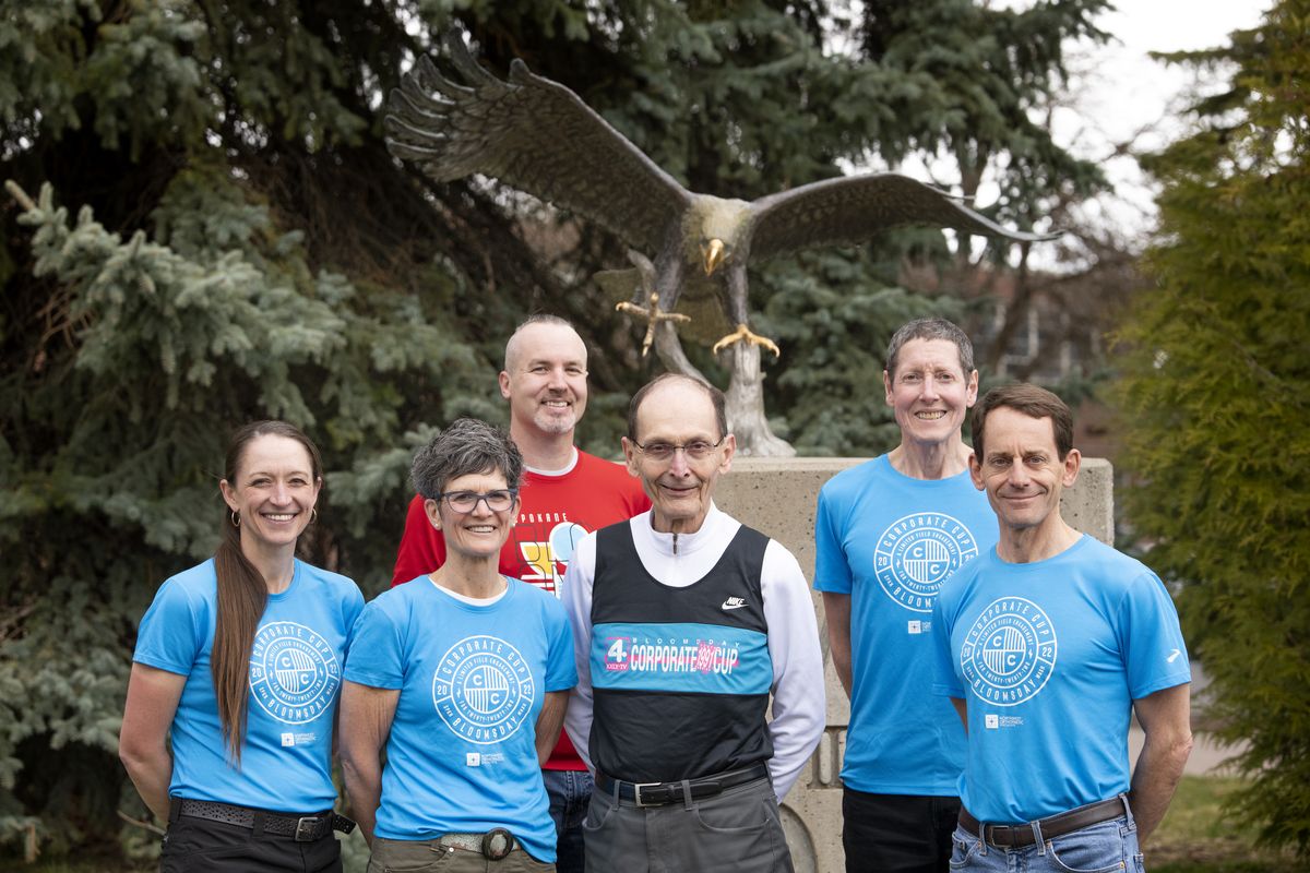 The Eastern Washington University Bloomsday Corporate Cup team, which has a history of dominating the Bloomsday team event, includes, from left, Annika Scharosch, Laurie Morley, Chris Kirby, Grant Smith (no longer on the team, but was for more than 30 years), Jeffrey Rahn and Dave Millet.  (Jesse Tinsley/The Spokesman-Review)