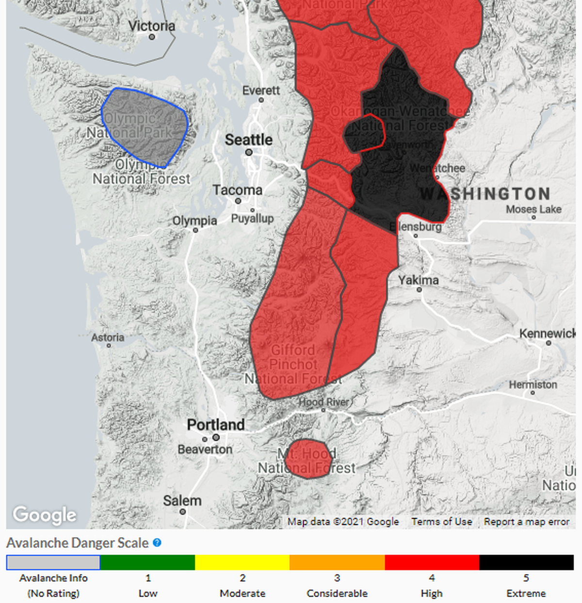 The Northwest Avalanche Center issued an "extreme avalanche warning" for much of the Cascades through 6 p.m. Monday, Feb. 22, 2021.  (Northwest Avalanche Center)