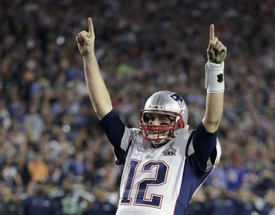 In this Feb. 1, 2015, file photo, New England Patriots quarterback Tom Brady (12) celebrates during the second half of NFL Super Bowl XLIX football game against the Seattle Seahawks, in Glendale, Ariz. Brady’s missing jersey from the Super Bowl has been found in the possession of a member of the international media. (Kathy Willens / Associated Press)