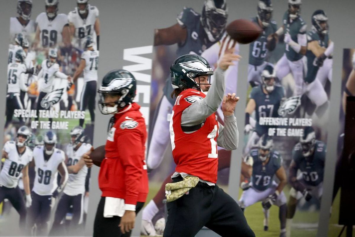 Philadelphia Eagles quarterback Gardner Minshew (10) practices at the NovaCare Complex, Thursday, Jan. 26, 2023. The Eagles host the San Francisco 49ers in the NFC Championship game Sunday.  (Tribune News Service)