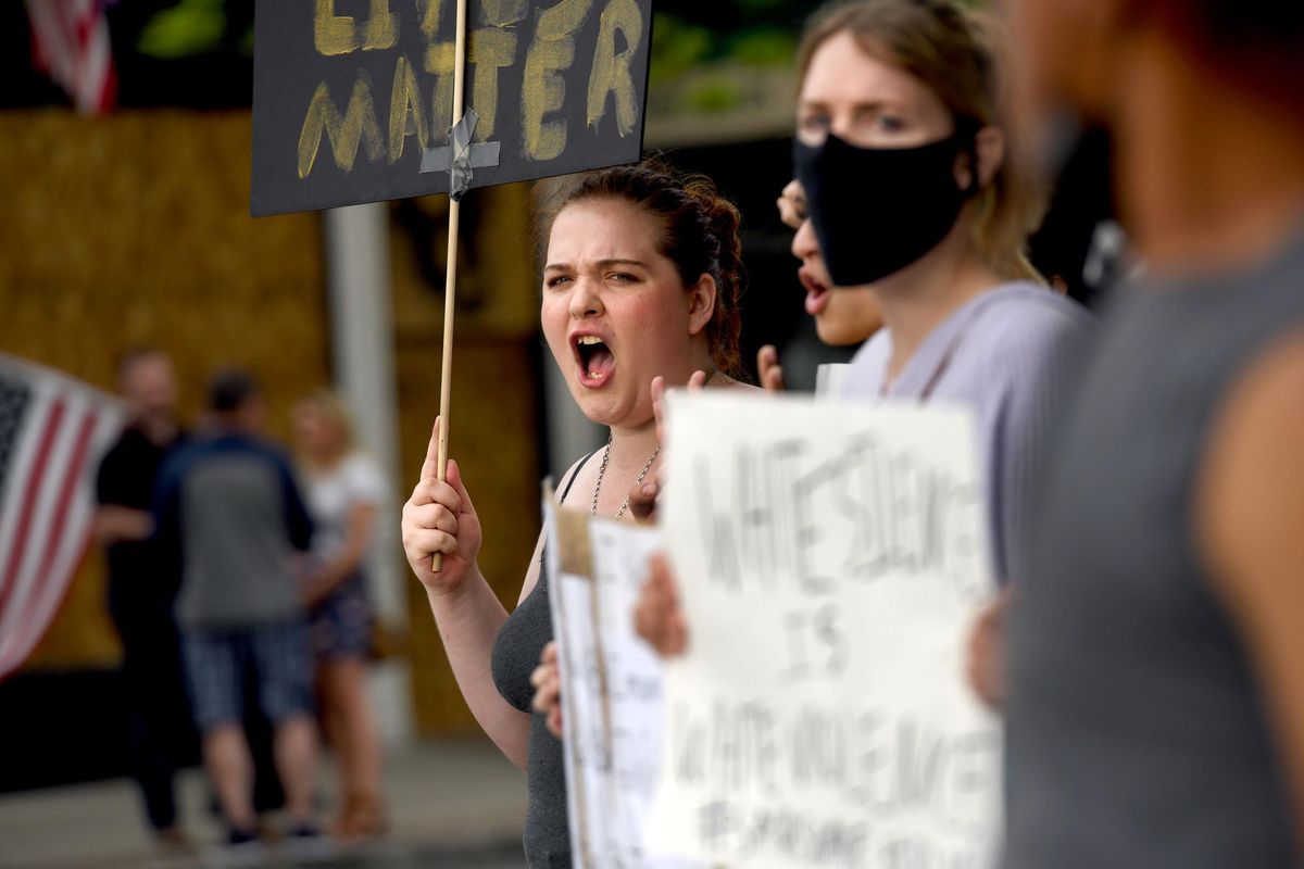 Frances Smith, far right, of Spirit Lake shouts during a protest about the killing of George Floyd in Coeur d