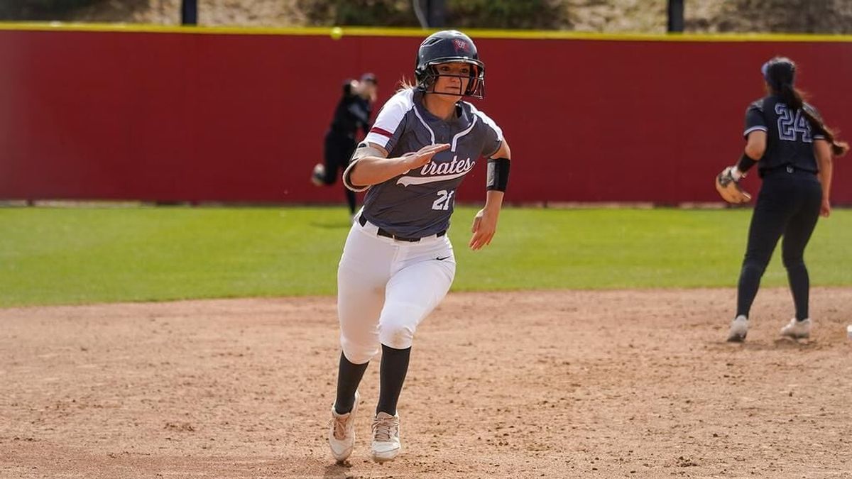 Whitworth Pirates third baseman Mattea Nelson runs the bases against George Fox on April 15 at Diana Marks Field in Spokane. (Courtesy Whitworth Athletics)