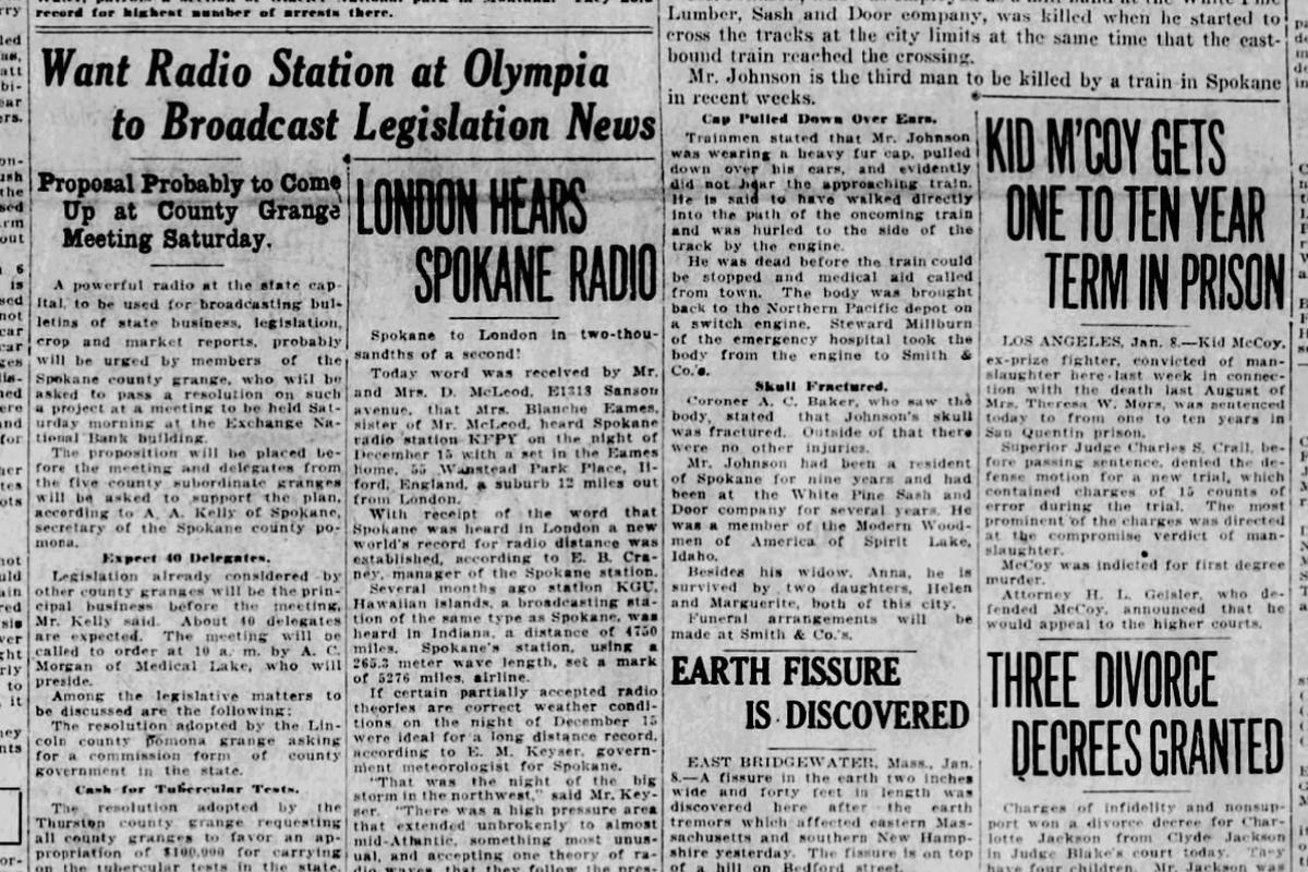 Fledgling Spokane radio station KFPY, which would eventually evolve into KXLY, reached an astonishing milestone when word arrived that its signal had reached Ilford, England, a suburb of London, the Spokane Daily Chronicle reported on Jan. 8, 1925.  (Spokesman-Review archives)