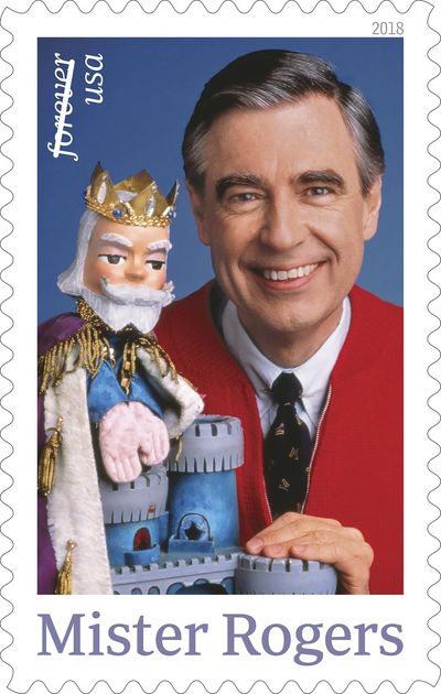 This image released by the United States Postal Service shows a postage stamp featuring Fred Rogers from the PBS children's television series 