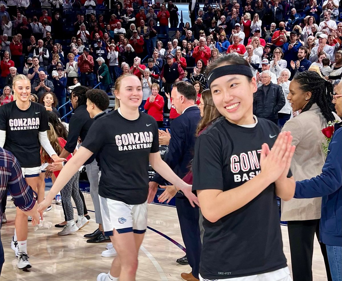 Kaylynne Truong leads fellow Gonzaga seniors Brynna Maxwell and Eliza Hollingsworth on Saturday at McCarthey Athletic Center.  (Jim Allen/For The Spokesman-Review)