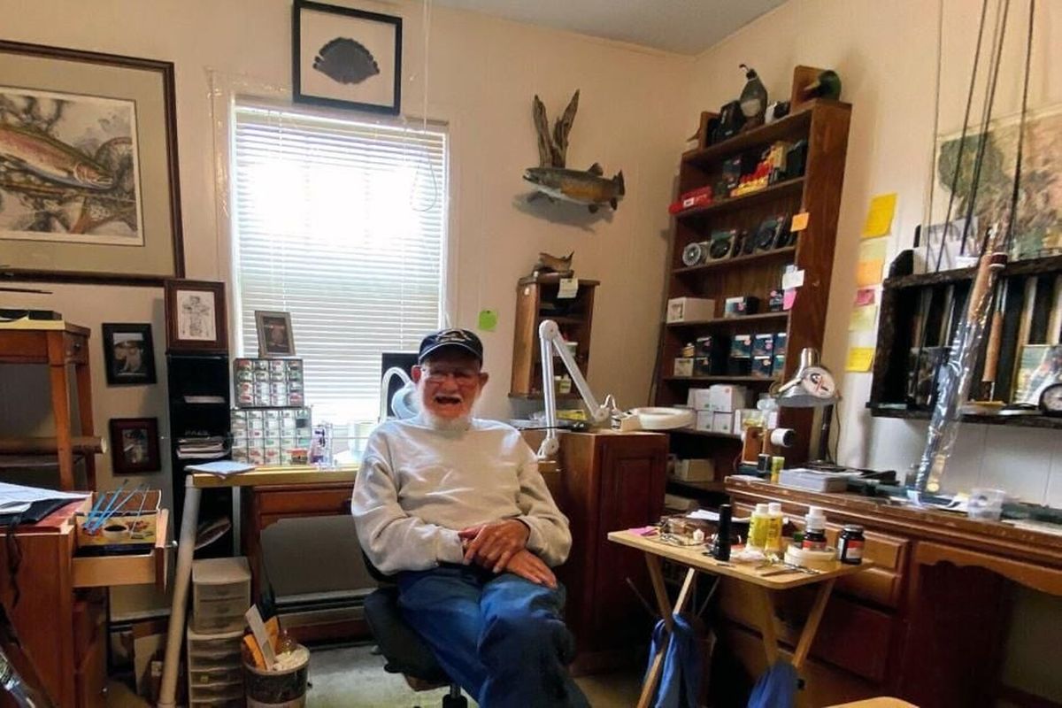 At age 90, Bob Kimball still runs a fly shop out of his Absarokee, Montana, home and also builds custom fly rods.  (Brett French/Billings Gazette )