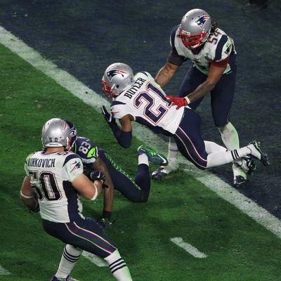 New England Patriots cornerback Malcolm Butler makes his fourth-quarter interception to win the Super Bowl over the Seahawks on Feb. 1, 2015.  (Tribune News Service)