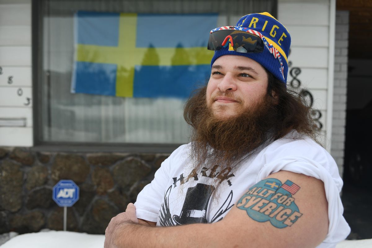 Patrick Glass stands in front of his north Spokane home, Monday, Jan. 23, 2017. Glass recently took part in a Swedish game show called “Allt For Sverige” (All for Sweden) and came in third. He tattooed his arm with the show’s name. He’s heading back to Sweden to live and work for the summer. With the first two placers being blonde Nordic women, he came in third, with fans of the show seeing him as a modern-day Viking. (Jesse Tinsley / The Spokesman-Review)
