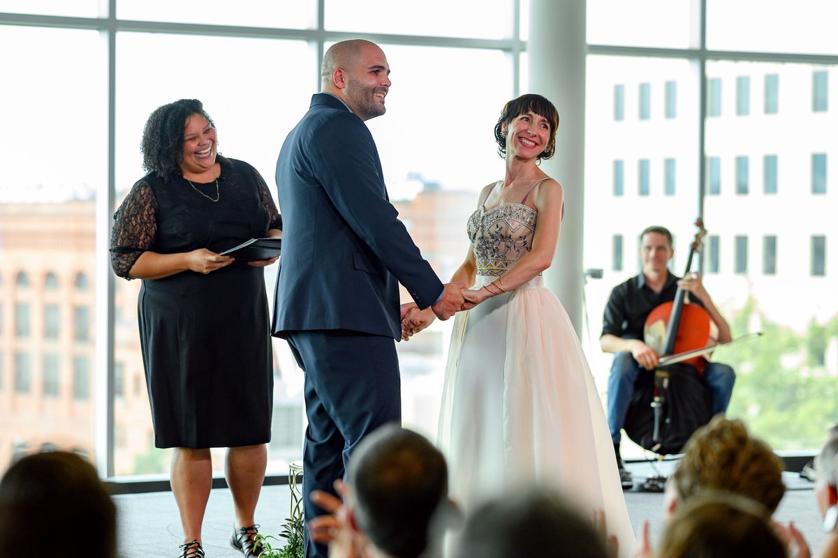 Rajah Bose and Ellen Picken held their large wedding and reception at the downtown Spokane Public Library on Sept. 15, 2019. (Colin Mulvany / The Spokesman-Review)