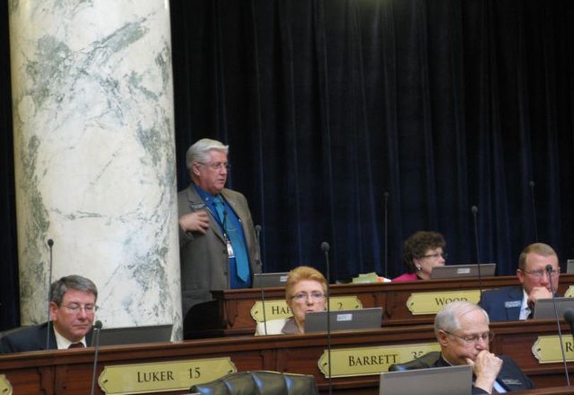 Rep. Dick Harwood, R-St. Maries, debates in favor of tax cut legislation in the House on Thursday. (Betsy Russell)