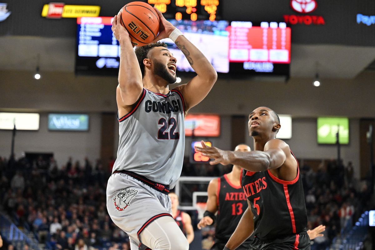 Gonzaga Bulldogs forward Anton Watson looks for an opening against San Diego State Aztecs guard Lamont Butler during the second half of a college basketball game on Dec. 29 at McCarthy Athletic Center in Spokane. San Diego State won the game 84-74.  (Special to the Black Lens)