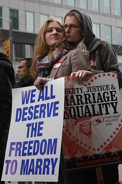 

Elizabeth Chase from Los Angeles, and Kate Baldridge from Fresno, at a vigil being held on Monday, January 11, 2010 at the Plaza of the Phillip Burton Building in San Francisco, Ca., before United States District Court proceedings challenging Proposition 8.

Photo: Liz Hafalia / The Chronicle
