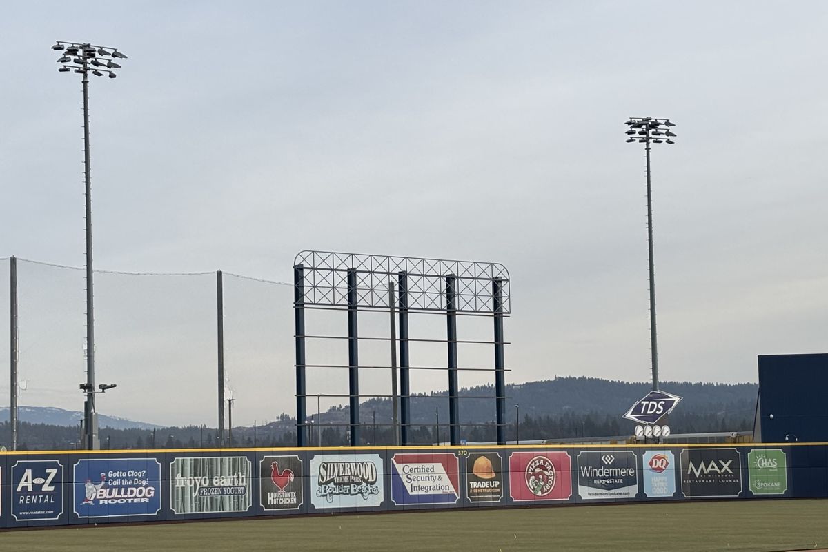 Steelwork is under construction for the new videoboard above the left centerfield wall at Avista Stadium, shown Jan. 27, 2026. Team officials are hopeful installation will be complete for opening day on April 3, 2026.  (Dave Nichols)