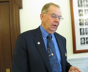 Rep. Dennis Lake, R-Blackfoot, explains his legislation to block state retirees from receiving a scheduled 1 percent cost-of-living increase in the coming year on equity grounds, because active state employees are suffering furloughs and other cutbacks. The bill was introduced Monday in the House State Affairs Committee. (Betsy Russell)