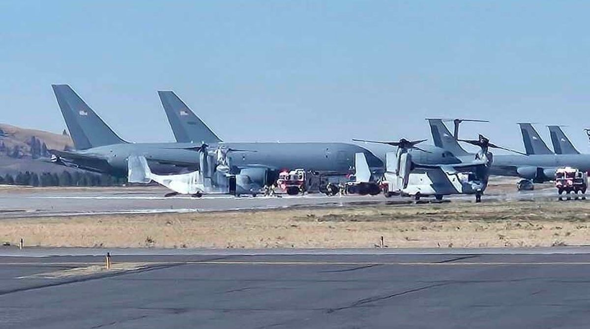 An Osprey aircraft caught fire Wednesday on the flight line at Fairchild Air Force Base. The Fairchild Fire Department extinguished the engine fire and no one was injured.   (Courtesy of "Air Force amn/nco/snco" Facebook page)