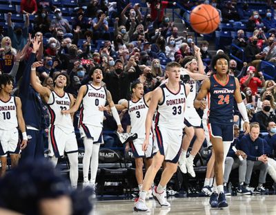 Gonzaga’s starters react from the bench against the Pepperdine Waves on Saturday in Spokane. Gonzaga won the game 117-83.  (Tyler Tjomsland / The Spokesman-Review)