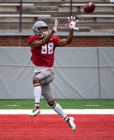 WSU wide Receiver De’Zhaun Stribling grabs a pass during a mini-scrimmage and practice Saturday at Gesa Field in Pullman.  (COLIN MULVANY/THE SPOKESMAN-REVIEW)