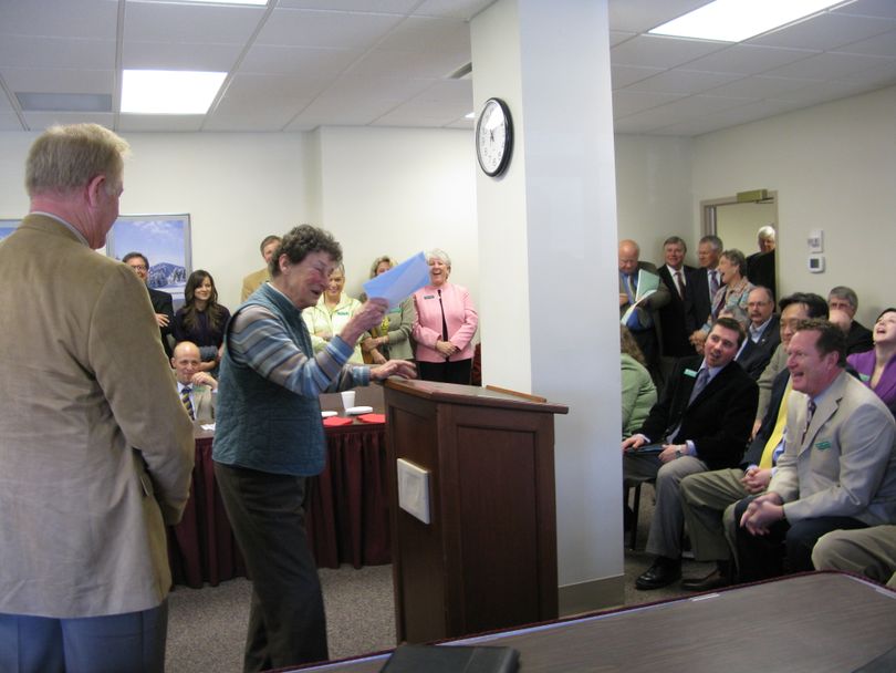 Jan Eyth, supervisor of the legislative advisors for the past 25 years, at a surprise 80th birthday party the lobbyists threw for her Monday in a packed statehouse hearing room. (Betsy Russell / The Spokesman-Review)
