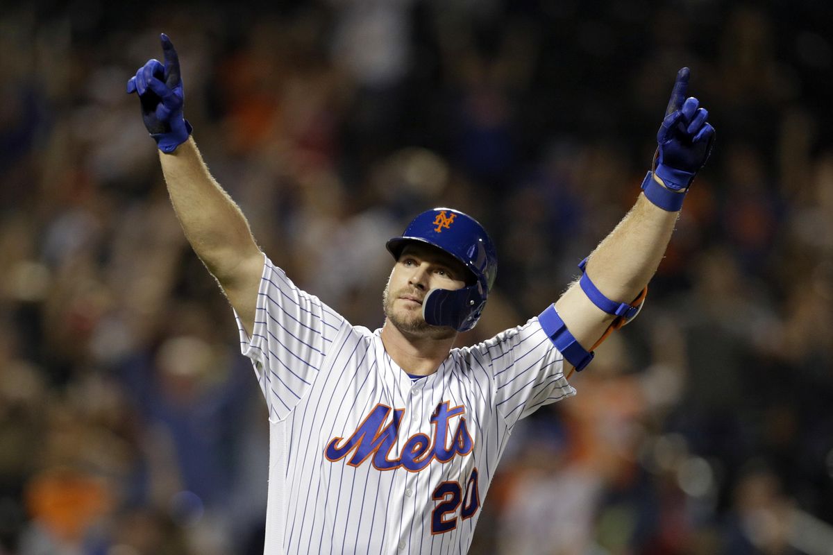 In this Sept. 28, 2019 photo, New York Mets’ Pete Alonso reacts after hitting a home run during the third inning of a baseball game against the Atlanta Braves, in New York. Mets first baseman Pete Alonso and Houston Astros slugger Yordan Álvarez have been picked as this year’s top rookies by Baseball Digest. (Adam Hunger / Associated Press)