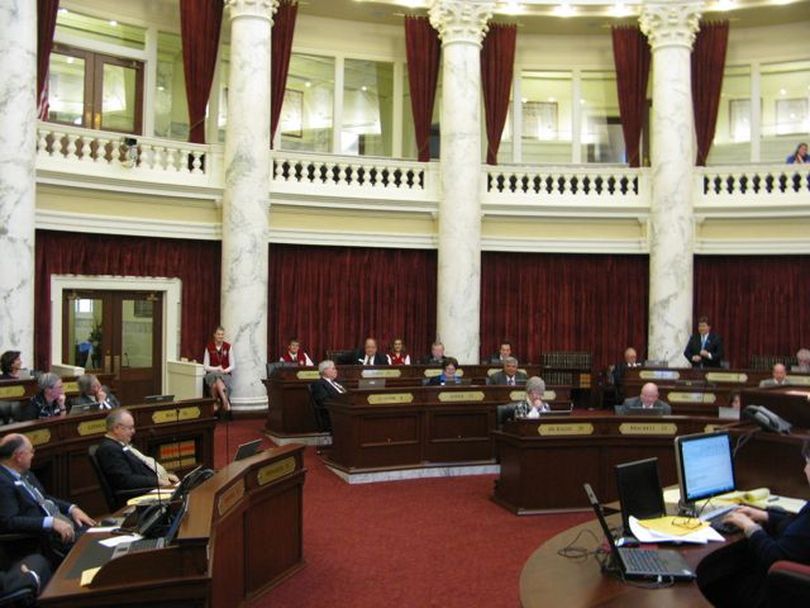 The Idaho Senate listens to the closing debate on the proposed school budget for next year, late on Monday, at the close of nearly two hours of debate on a budget that includes historic cuts for schools. (Betsy Russell)