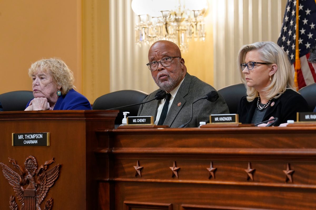 FILE - House Jan. 6 Select Committee Chairman Bennie Thompson, D-Miss., center, flanked by Rep. Zoe Lofgren, D-Calif., left, and Vice Chair Liz Cheney, R-Wyo., meet Dec. 1, 2021, at the Capitol in Washington. The House panel says it has “no choice” but to move forward with contempt charges against former Trump White House chief of staff Mark Meadows.  (J. Scott Applewhite)