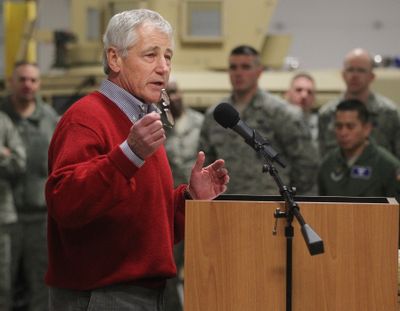 Defense Secretary Chuck Hagel speaks with airmen of the 20th Air Force 90th Missile Wing during a trip to F.E. Warren Air Force Base on Thursday in Cheyenne, Wyo. (Associated Press)