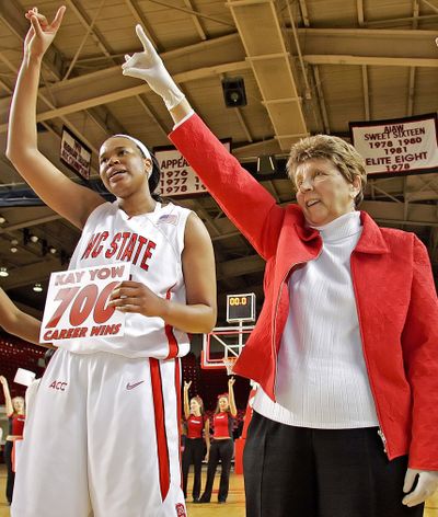 N.C. State coach Kay Yow celebrated with Gillian Goring after her 700th career win on Feb. 5, 2007. (Associated Press / The Spokesman-Review)