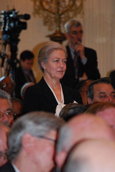 Spokane Mayor Mary Verner asks President Obama during a U.S. Conference of Mayors event at the White House on Thursday. (Wendy Wilkerson, U.S. Conference of Mayors)