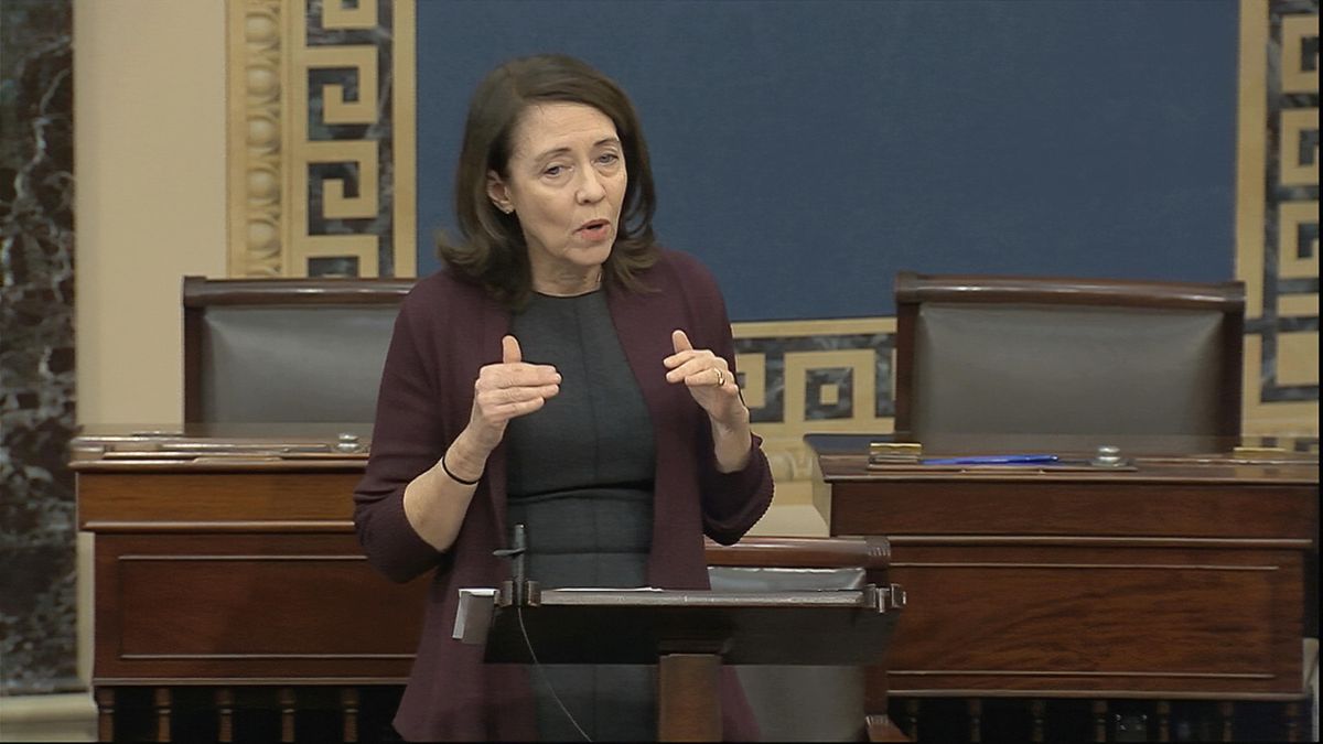 In this image from video, Sen. Maria Cantwell, D-Wash., speaks on the Senate floor about the impeachment trial against President Donald Trump at the U.S. Capitol in Washington, Monday, Feb. 3, 2020. Cantwell was not present for votes on the Senate floor on Thursday after one of her staff members tested positive for COVID-19. (AP)
