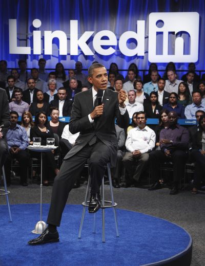 President Obama gestures during a LinkedIn Town Hall Meeting at the Computer History Museum in Mountain View, Calif., Monday, Sept. 26, 2011, as he participates in 