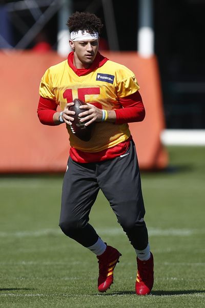 Kansas City Chiefs quarterback Patrick Mahomes (15) runs drills during practice on Wednesday, Jan. 29, 2020, in Davie, Fla., for the NFL Super Bowl 54 football game. (Brynn Anderson / Associated Press)