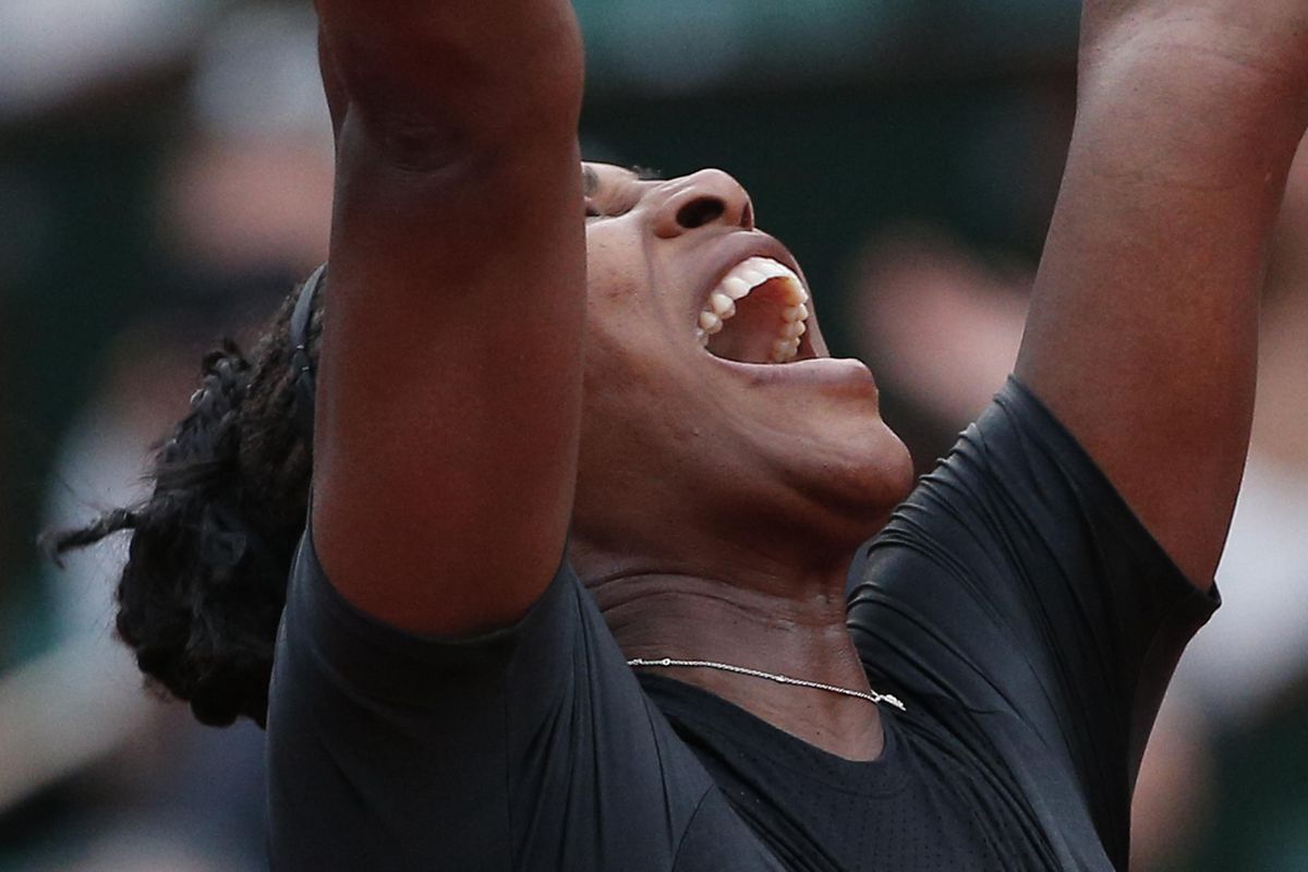 Serena Williams of the U.S. celebrates winning her second round match of the French Open tennis tournament against Australia’s Ashleigh Barty in three sets, 3-6, 6-3, 6-4, at the Roland Garros stadium in Paris, France, Thursday, May 31, 2018. (Thibault Camus / Associated Press)