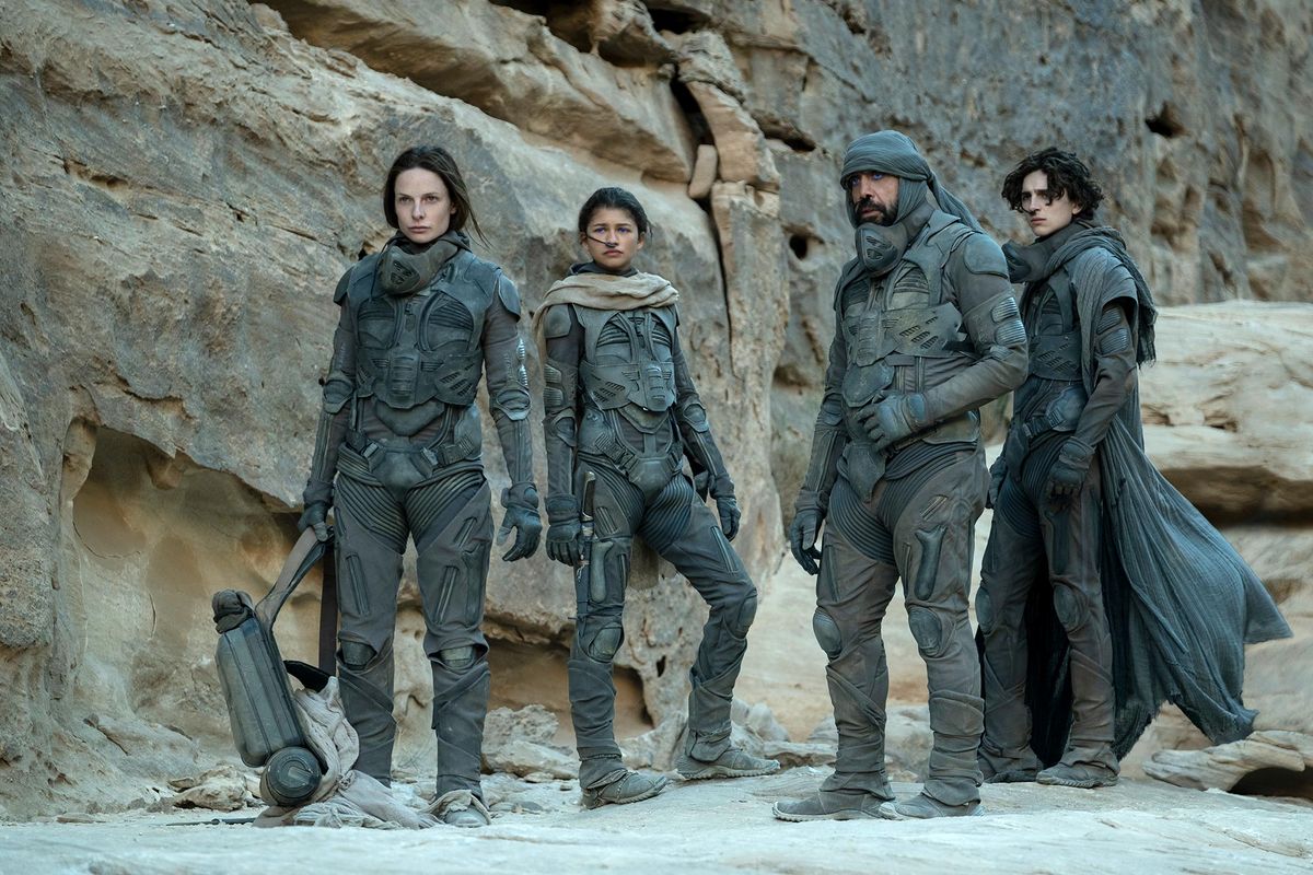 Rebecca Ferguson, Zendaya, Javier Bardem, and Timothée Chalamet in “Dune.”  (Chia Bella James/Warner Bros.)