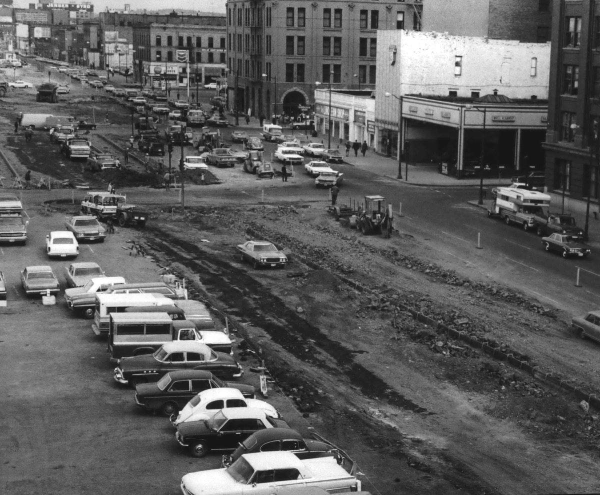 1973: Work begins after the Spokane City Council approved a half-million-dollar project to align Trent Avenue and beautify the south side sidewalks between Stevens and Lincoln streets. It would be a small part of the city’s contribution to the upcoming world’s fair. Mayor David Rodgers said it could turn the street into Spokane’s version of Chicago’s Michigan Avenue. New extensive landscaping was designed to produce a parklike atmosphere mirroring Riverfront Park across the street.  (Spokesman-Review photo archives)