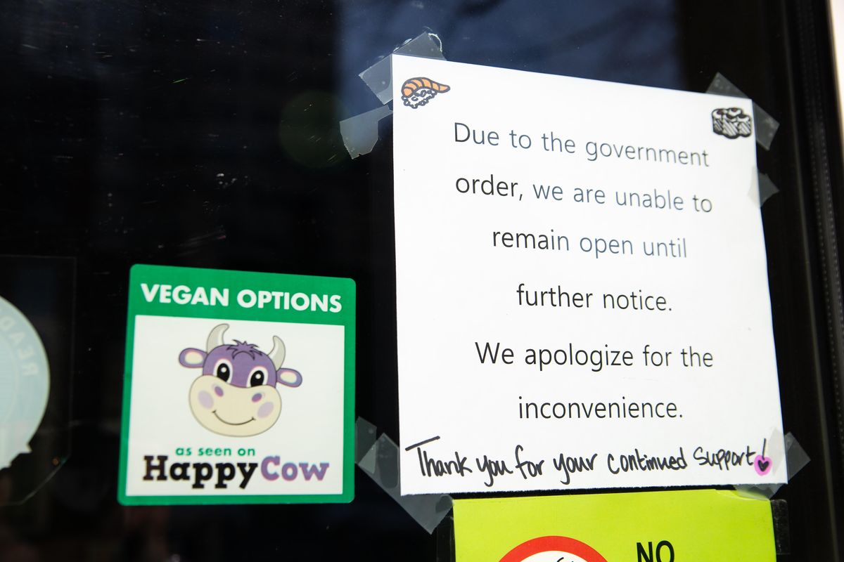A sign on the door of the closed Sushi.com in downtown Spokane is seen on Monday, March 16, 2020The second round of loan applications for the government