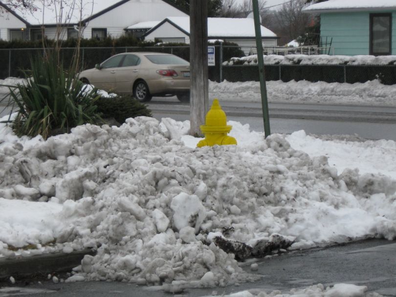 This fire hydrant is one of many in the Spokane Valley area that have been blocked in by snow berms. The Spokane Valley Fire Department is asking residents to keep the area around hydrants clear.  (Photo courtesy the Spokane Valley Fire Department)